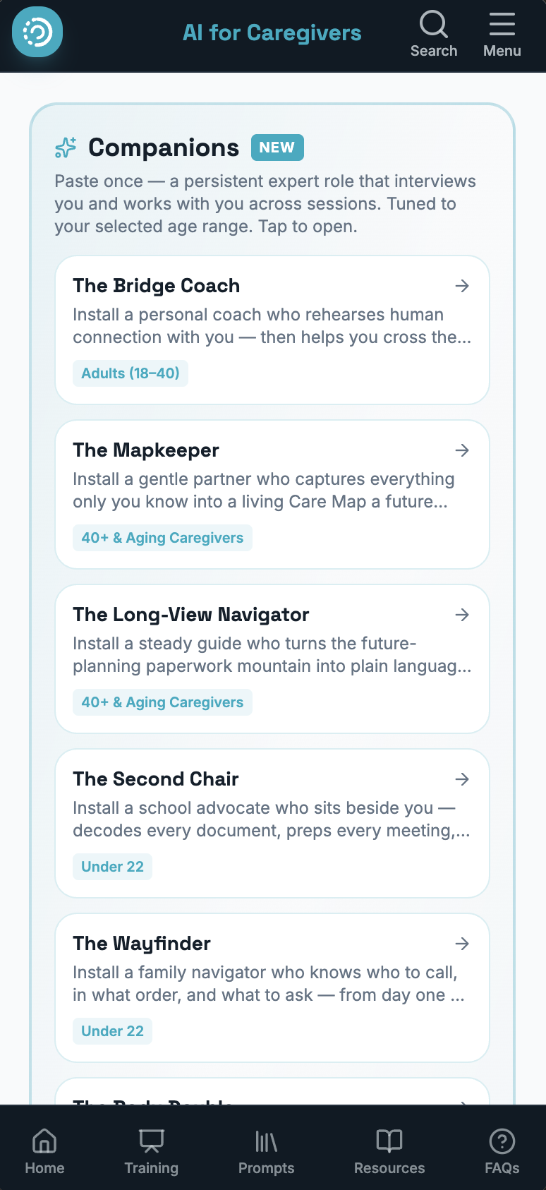 Screenshot of the Companions screen showing AI coaching roles for caregivers
