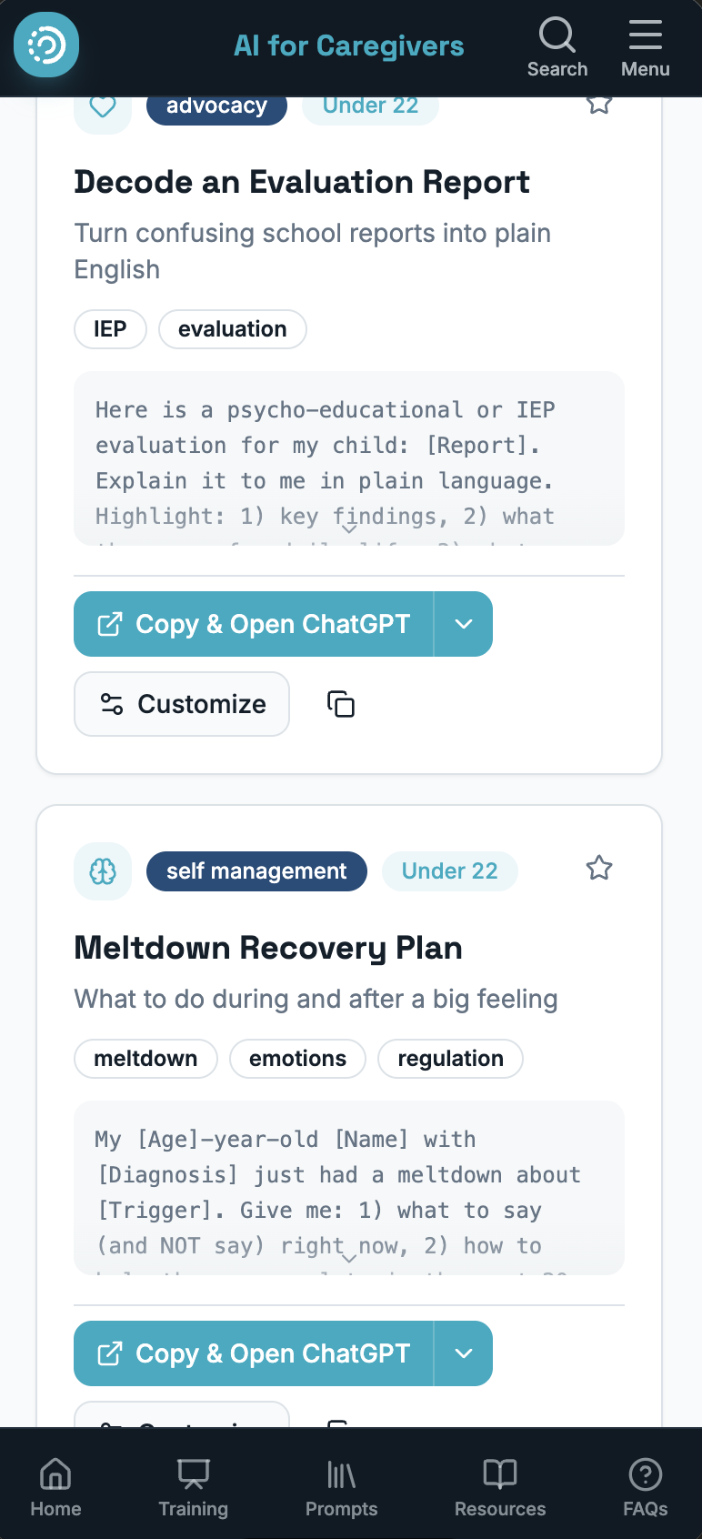 Screenshot of prompt cards showing Decode an Evaluation Report and Meltdown Recovery Plan